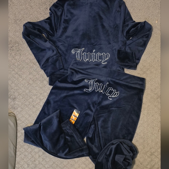 Juicy Couture Blue Bling Logo Velour Tracksuit Medium  Pants And Zip Hoodie - Picture 1 of 3